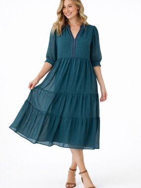 Matilda Jane Teal Tiered Midi Dress with Notched V-Neck